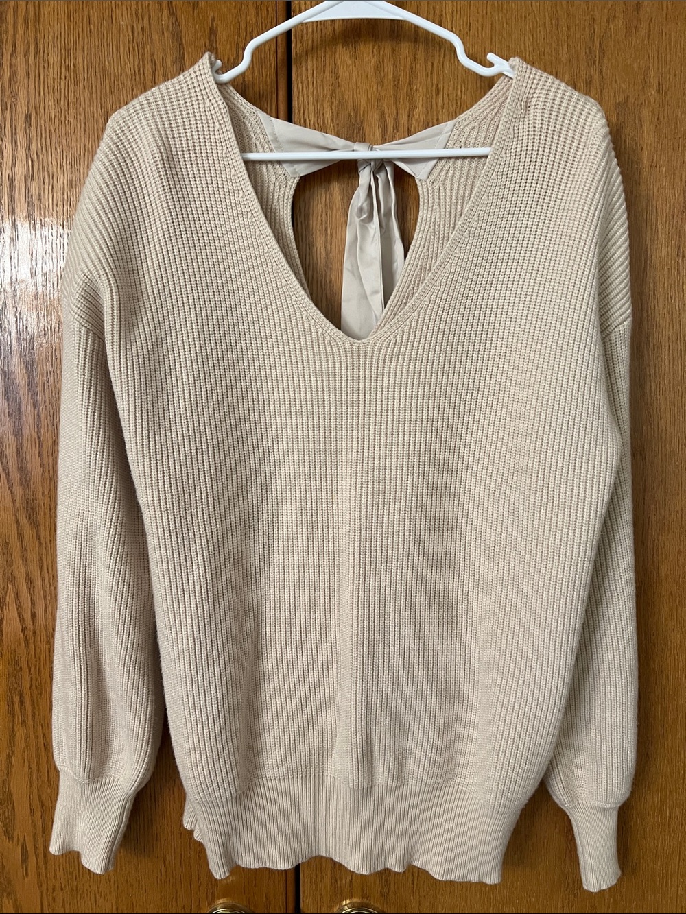 V-Neck Tie-Back Sweater in Cream